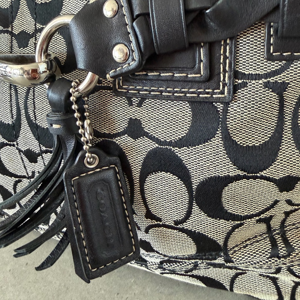 Coach Black and Beige Signature Canvas Satchel with Braided Leather Trim - Picture 3 of 14